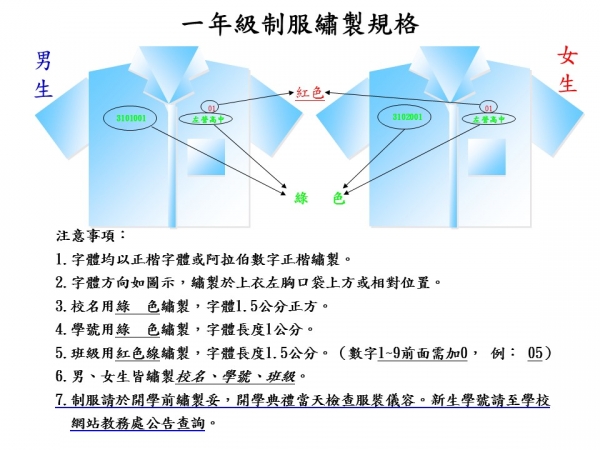 高一新生校服學號繡製注意事項的顯示圖片